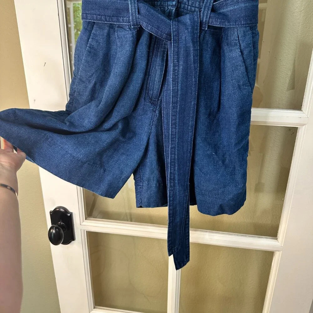 BANANA REPUBLIC Dark Denim Tie Waist Belted Romper Short Set - 8 - Picture 4 of 8